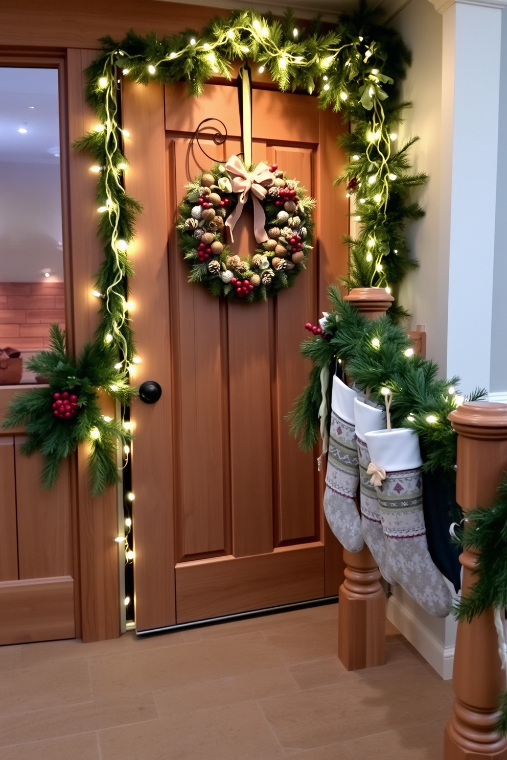 Charming winter themed wreath on door A beautifully crafted wreath adorned with pinecones and red berries hangs on a rustic wooden door. The door is framed by soft white lights that twinkle gently, creating a warm and inviting entrance. Winter staircase decorating ideas The staircase is draped with lush greenery and fairy lights, leading up to a cozy landing. Elegant stockings are hung on the banister, each uniquely designed to add a touch of festive charm.