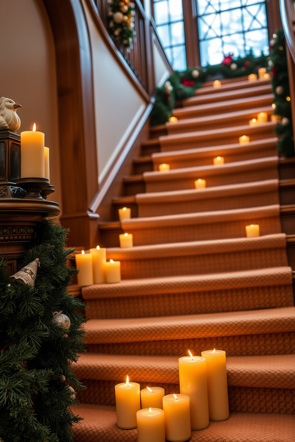 Warm-toned candles are arranged elegantly on the steps of a grand winter staircase. The soft glow of the candles creates a cozy atmosphere, highlighting the rich wood of the staircase and the festive decorations surrounding it.