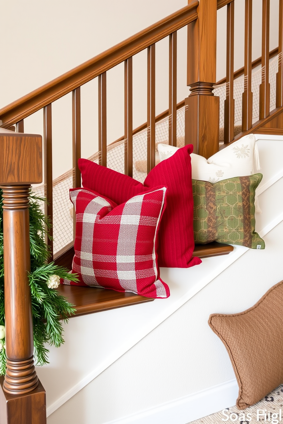 A cozy staircase landing adorned with seasonal throw pillows in rich hues of red and green. Soft textures and patterns create a warm and inviting atmosphere, complemented by a backdrop of neutral-toned walls and wooden banisters.