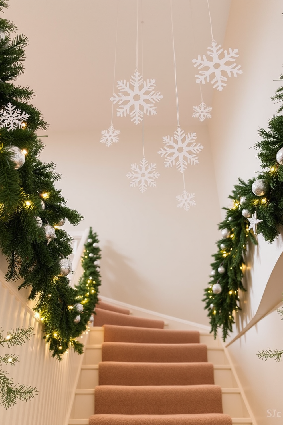 A winter staircase adorned with delicate snowflake cutouts gracefully hanging from the ceiling. The staircase is flanked by evergreen garlands intertwined with warm white lights, creating a cozy and inviting atmosphere.