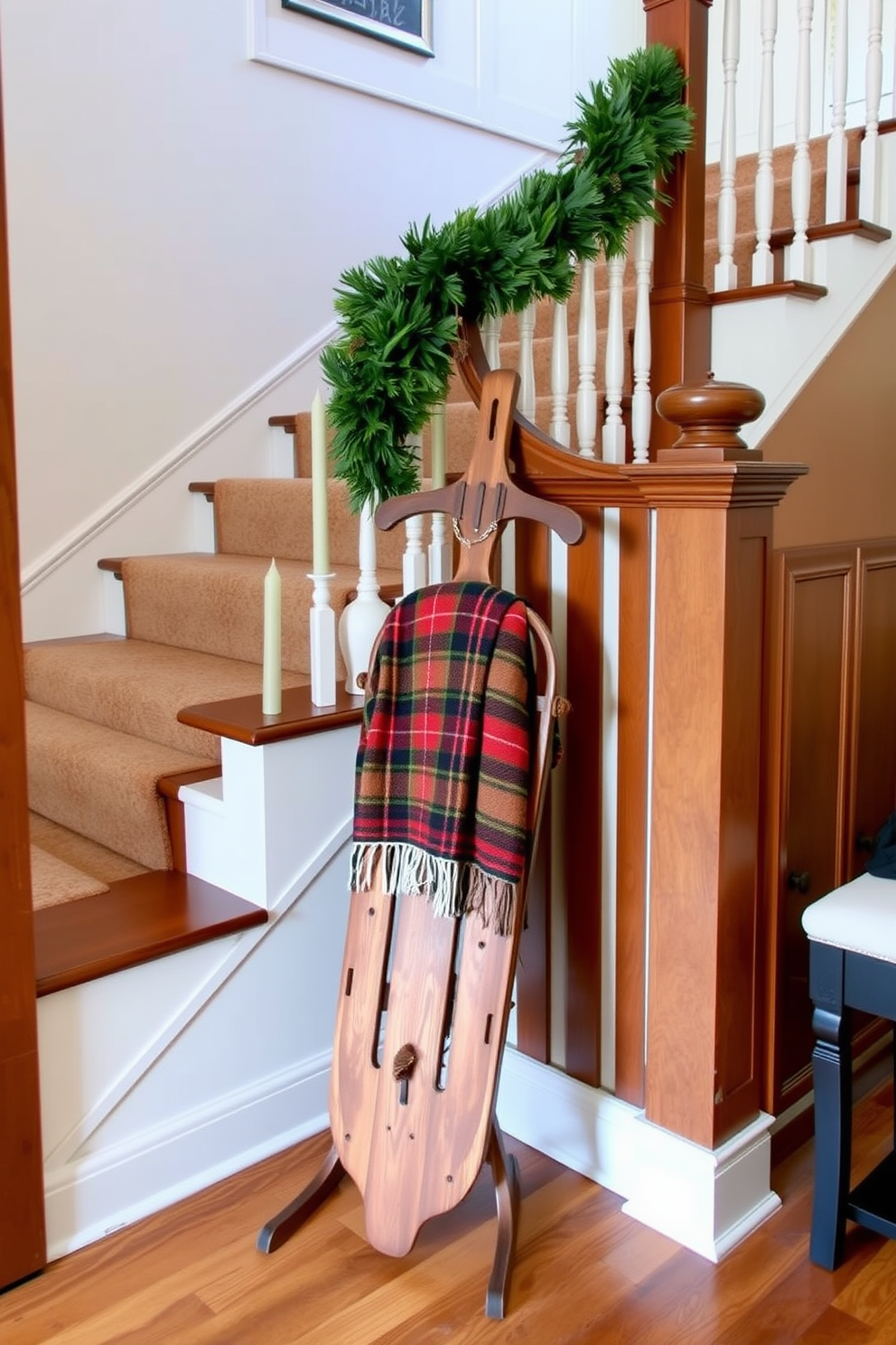 A vintage sled leans against the wall at the base of a beautifully decorated staircase. The sled is adorned with a cozy plaid blanket and a few pinecones, enhancing the winter charm of the space.