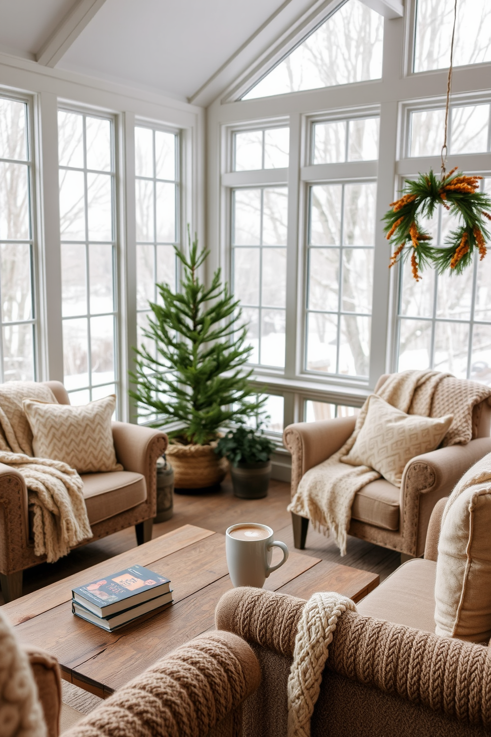 A cozy winter sunroom features large windows that allow natural light to flood the space. Plush seating is arranged around a rustic wooden coffee table, adorned with a stack of books and a steaming mug of hot cocoa. Soft knit throws are draped over the armrests of the chairs, inviting relaxation and warmth. Potted evergreen plants are strategically placed to add a touch of greenery and enhance the seasonal atmosphere.