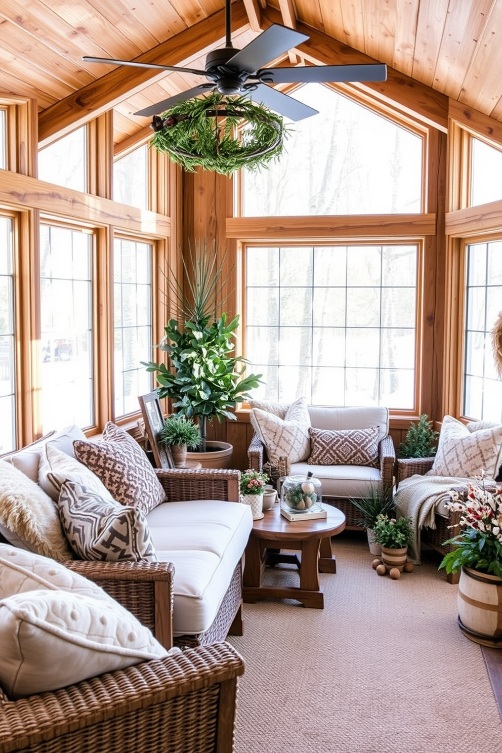 A cozy winter sunroom featuring natural wood elements that create a warm and inviting atmosphere. Large windows allow sunlight to flood the space, illuminating a mix of comfortable seating and rustic wooden accents. The room is adorned with soft, textured fabrics in neutral tones, complemented by plush throw pillows. Potted plants and seasonal decorations add a touch of nature, enhancing the serene and peaceful vibe of the sunroom.