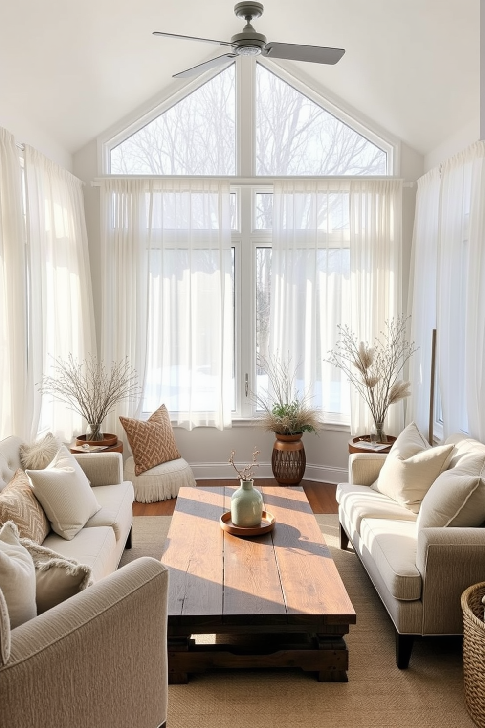 A cozy winter sunroom filled with natural light. The windows are adorned with sheer white curtains that gently diffuse the sunlight, creating a warm and inviting atmosphere. Plush seating options, such as a comfortable sofa and armchairs, are arranged around a rustic wooden coffee table. Decorative throw pillows in soft, muted colors add a touch of warmth and comfort to the space.