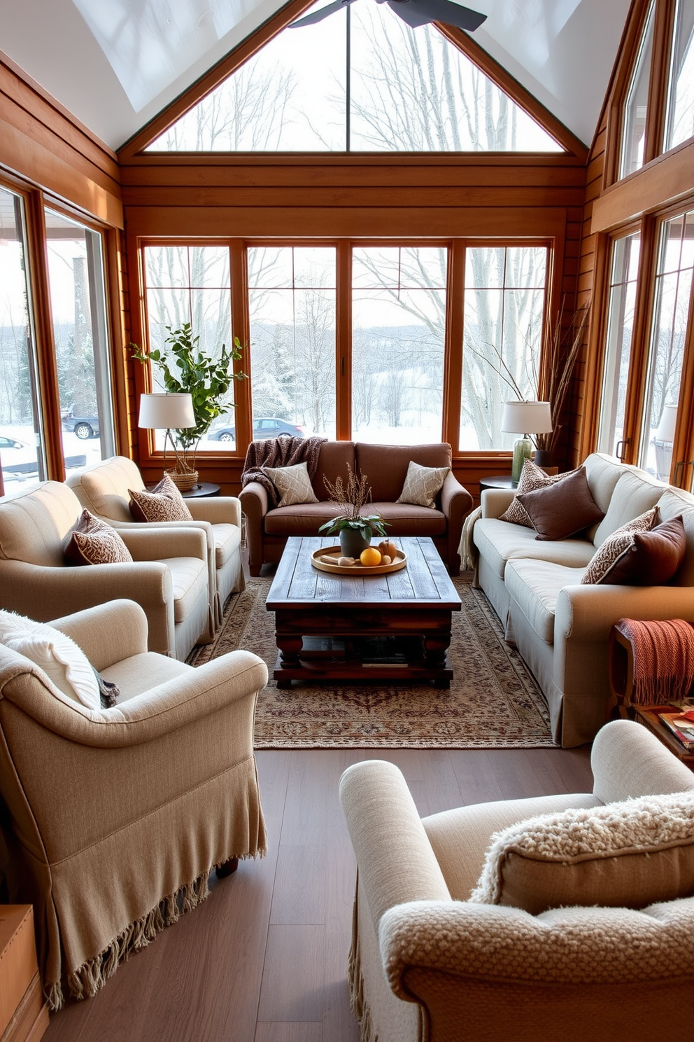 A cozy winter sunroom filled with comfortable seating options. Plush armchairs and a large sectional sofa are arranged around a rustic wooden coffee table, inviting relaxation and warmth. Large windows allow natural light to flood the space, showcasing the beautiful winter landscape outside. Soft, layered textiles in neutral tones and warm accents create an inviting atmosphere perfect for enjoying a cup of tea.