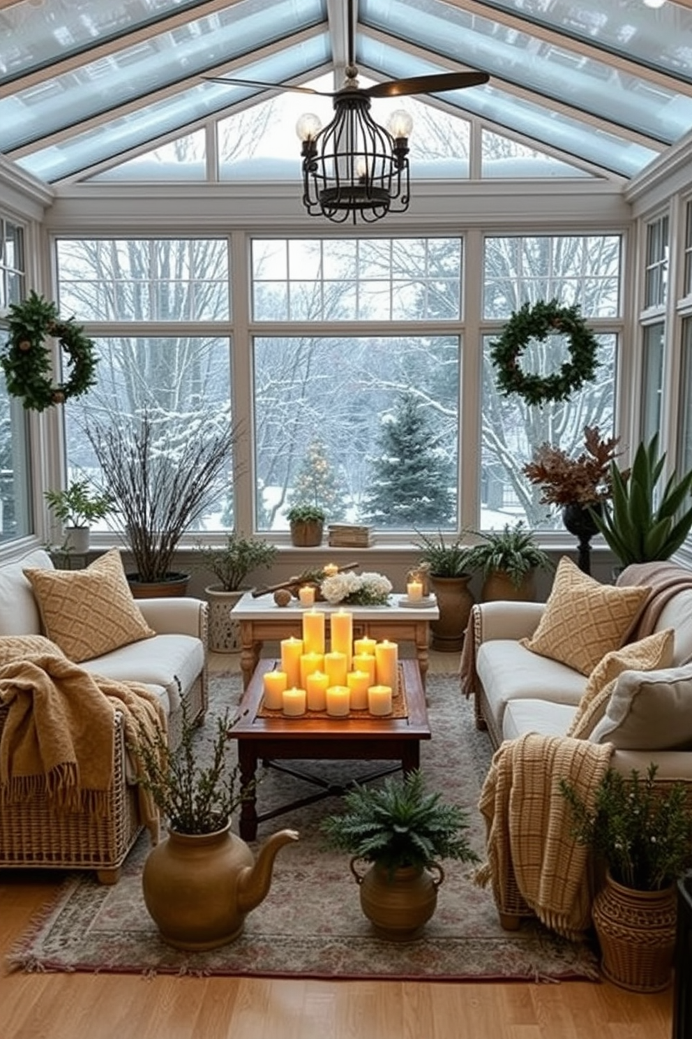 A cozy winter sunroom filled with natural light. Soft, plush seating arranged around a low coffee table with a selection of candles flickering gently. Warm throw blankets draped over the furniture add a touch of comfort. Potted plants and winter greenery are strategically placed to enhance the inviting atmosphere.