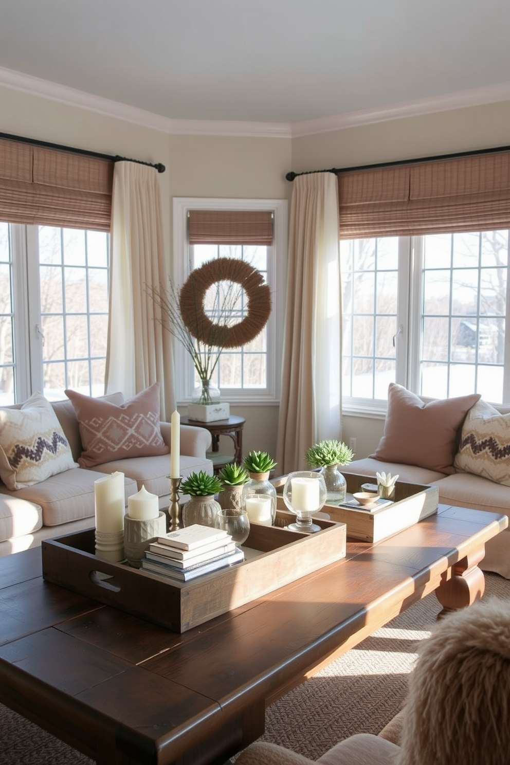 A winter sunroom filled with natural light features decorative trays arranged on a rustic wooden coffee table. Each tray holds an assortment of cozy items like candles, books, and small potted plants, creating an organized and inviting atmosphere. The walls are adorned with soft, neutral tones, while plush seating in warm fabrics invites relaxation. Large windows draped with sheer curtains allow the winter sun to illuminate the space, enhancing the overall comfort and warmth.