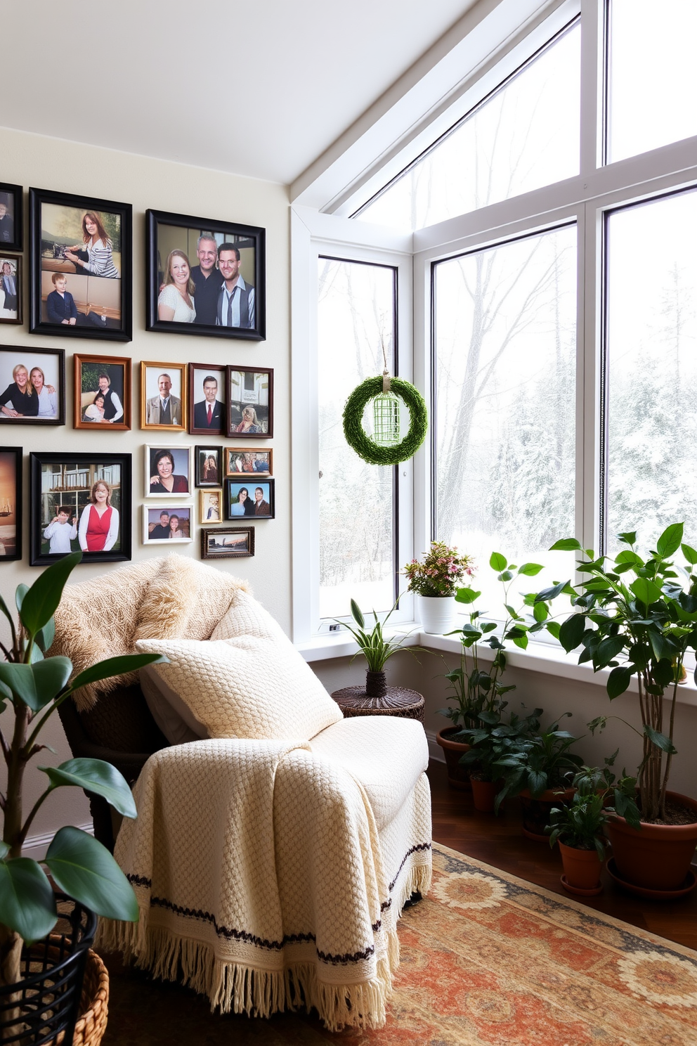 A cozy winter sunroom filled with natural light. The walls are adorned with personalized photo displays showcasing cherished memories, adding warmth and character to the space. Comfortable seating arrangements with plush cushions invite relaxation. A soft throw blanket drapes over a chair, while potted plants bring a touch of nature indoors.