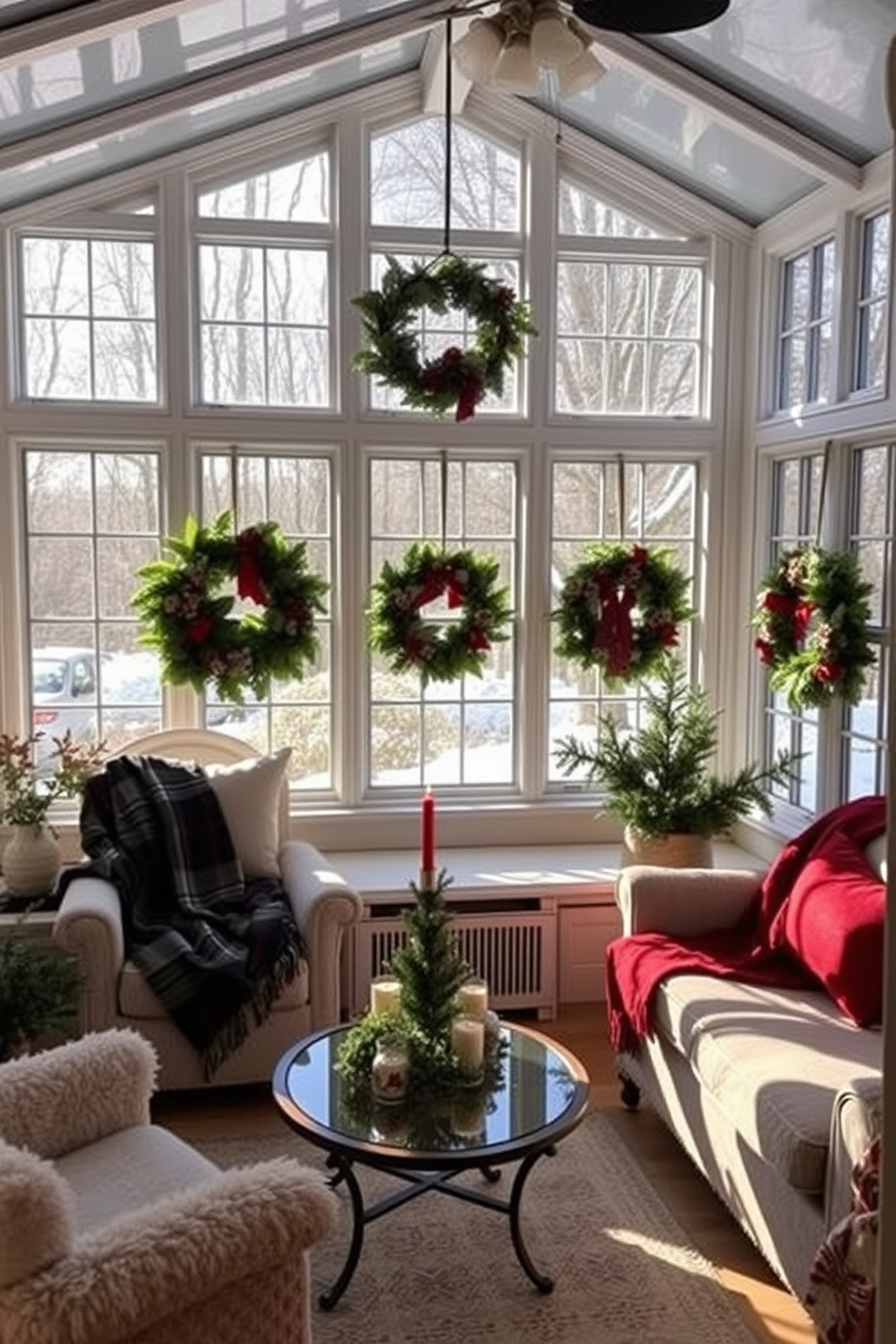 A cozy sunroom filled with natural light showcases seasonal wreaths adorning the windows. The decor features soft, plush seating with warm blankets and a small coffee table adorned with holiday-themed accents.