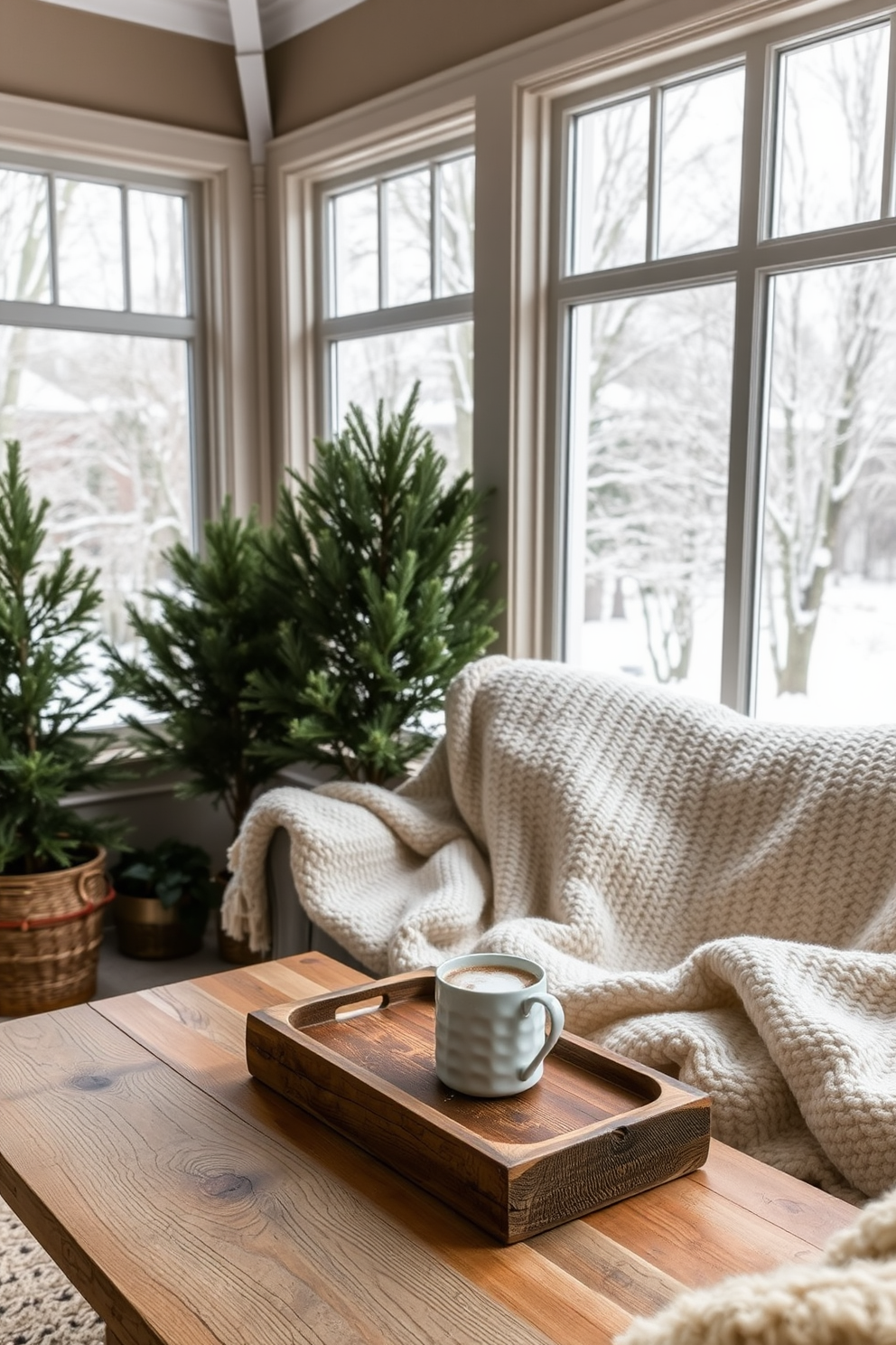 A cozy winter sunroom filled with natural light. Soft textured blankets are draped over a plush sofa, inviting warmth and comfort. Large windows showcase the snowy landscape outside, while potted evergreen plants add a touch of greenery. A rustic wooden coffee table holds a steaming mug of cocoa, enhancing the inviting atmosphere.