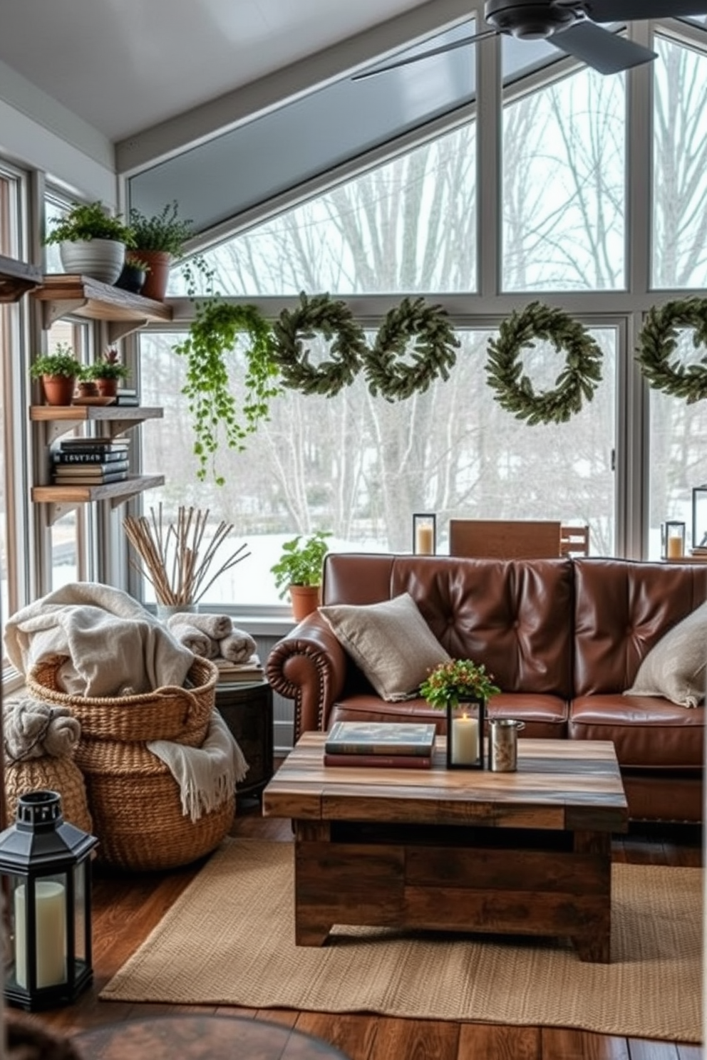 A cozy winter sunroom filled with rustic decor pieces that exude charm. There are reclaimed wood shelves adorned with potted plants and vintage books, while a woven basket holds warm blankets for chilly days. A large window allows natural light to flood the space, highlighting a comfortable seating area with a distressed leather sofa and a handmade coffee table. Soft, neutral textiles add warmth, and a few carefully placed lanterns create a welcoming ambiance in the evening.