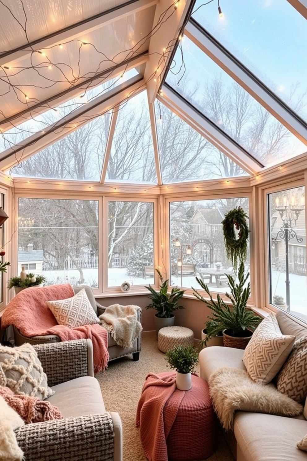 A cozy winter sunroom filled with natural light. The space is adorned with indoor fairy lights draped across the ceiling, creating a magical ambiance. Soft, plush seating arrangements invite relaxation, complemented by warm blankets and decorative pillows. Potted plants and winter-themed decor enhance the inviting atmosphere, making it a perfect retreat.