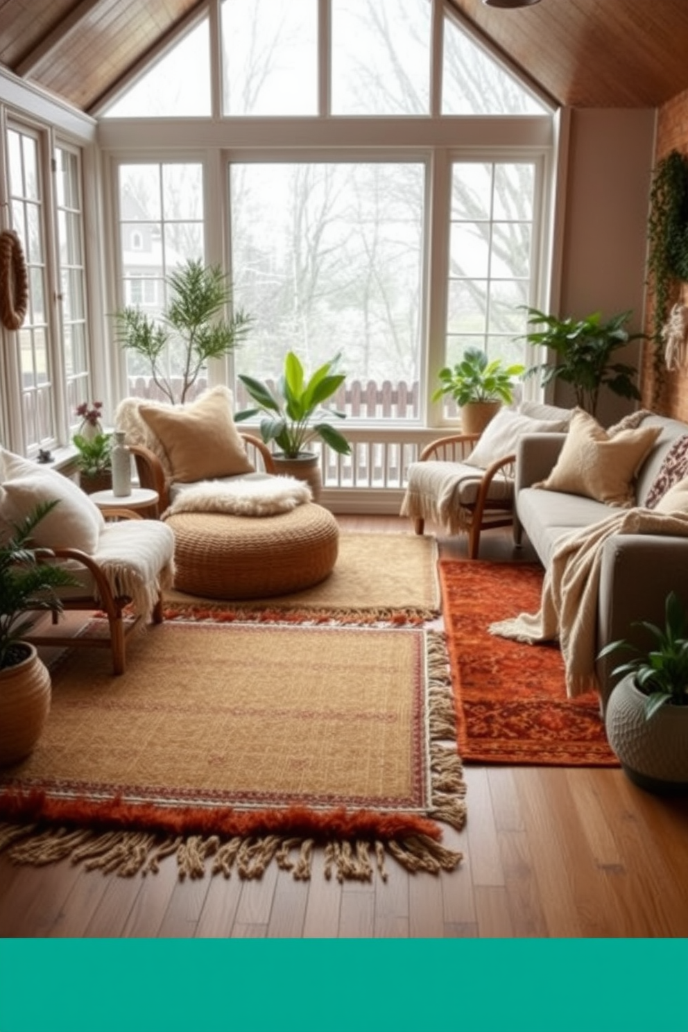 A cozy winter sunroom filled with natural light. Layered rugs in warm tones are placed on the wooden floor, creating a welcoming atmosphere. Plush seating arrangements with oversized cushions invite relaxation. Potted plants and soft throws add a touch of greenery and comfort to the space.