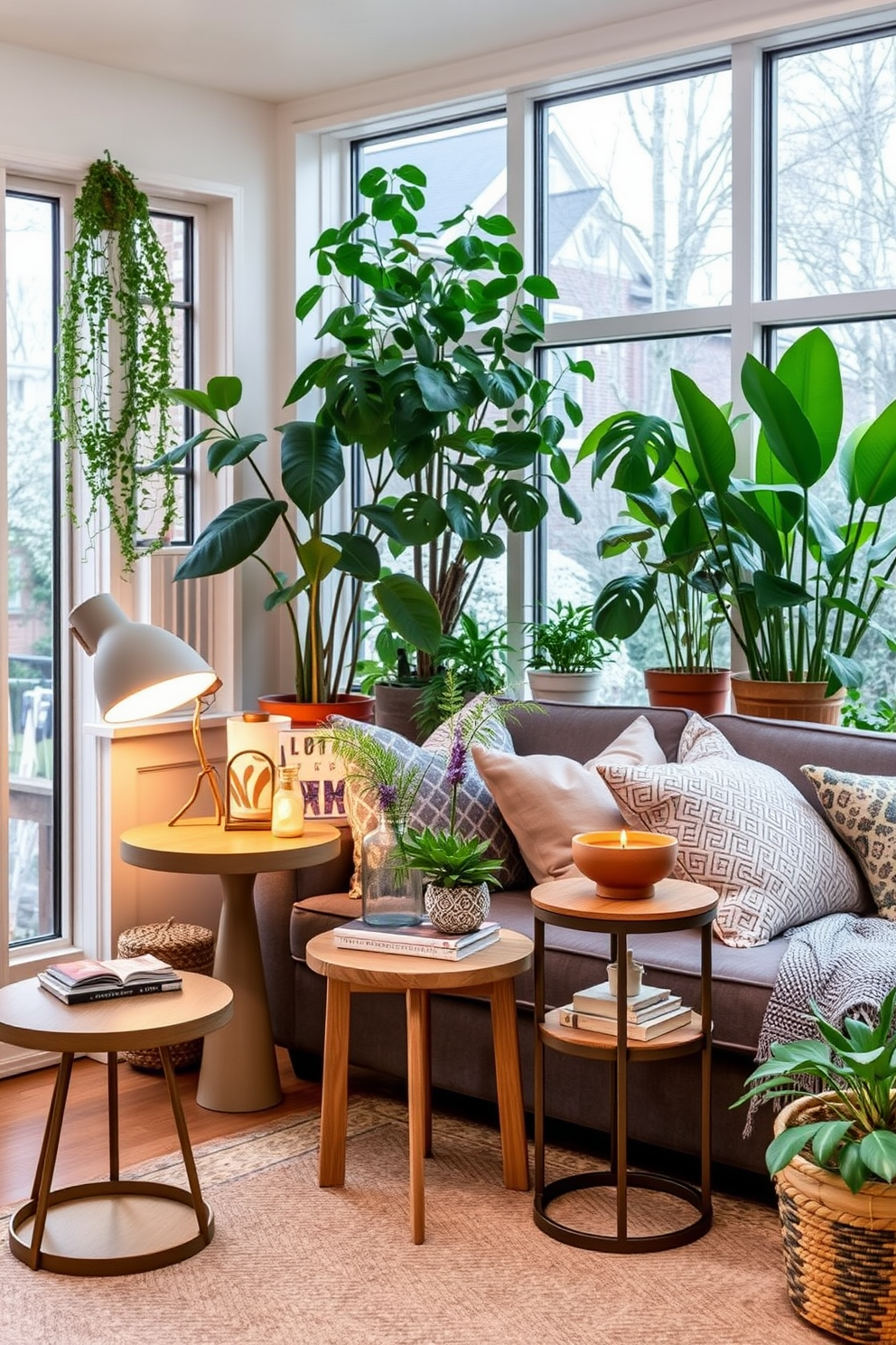 Stylish side tables for functionality. Each table features a unique design that complements the overall aesthetic of the room while providing essential storage and surface space. Winter sunroom decorating ideas. The space is filled with cozy textiles, warm lighting, and an array of indoor plants that bring life and vibrancy to the area.