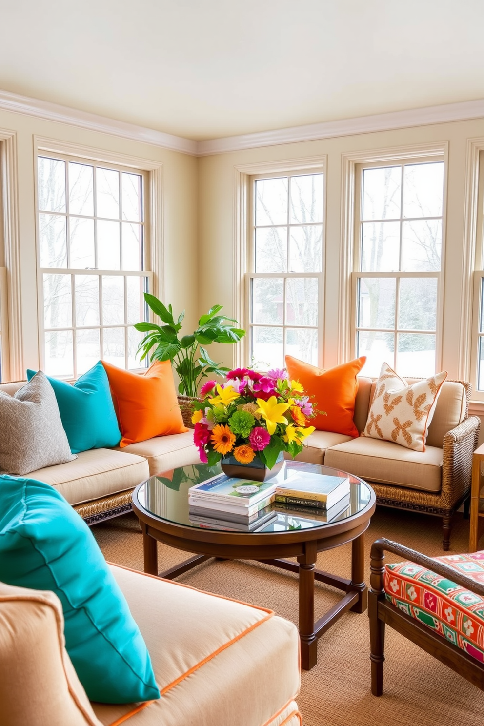 A cozy winter sunroom filled with bright accent colors that uplift the mood. Large windows let in natural light, showcasing vibrant cushions in shades of teal and orange on a comfortable seating area. A round coffee table in the center is adorned with a colorful floral arrangement and a stack of art books. The walls are painted a soft cream, providing a warm backdrop for the lively decor elements.