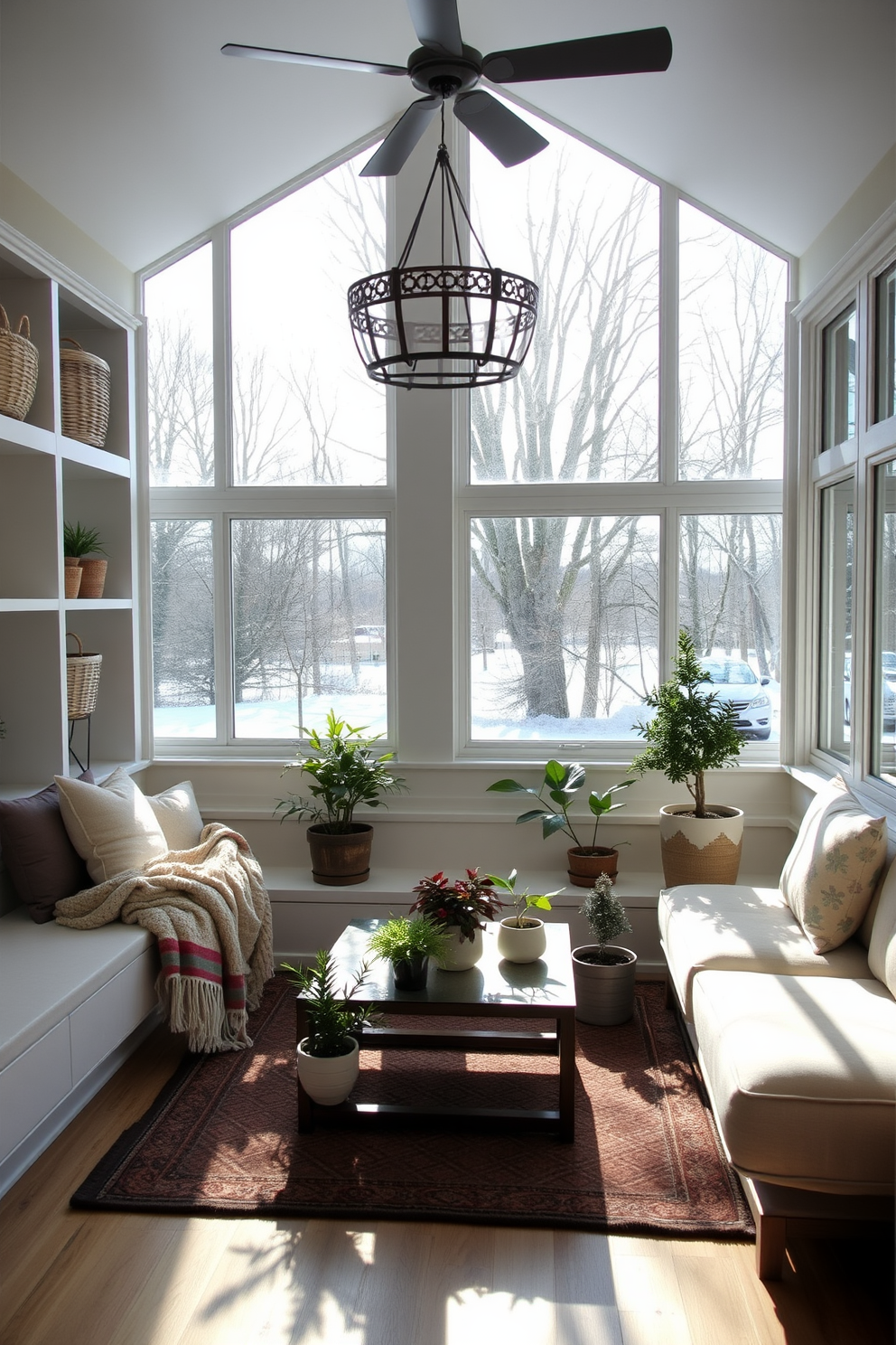 A cozy winter sunroom filled with natural light. There are built-in shelves with decorative baskets for storage and a comfortable seating area featuring plush cushions and a warm throw blanket. The walls are adorned with soft, neutral colors, and large windows allow the winter sun to stream in. A small coffee table sits in the center, surrounded by potted plants and a stylish rug that adds warmth to the space.