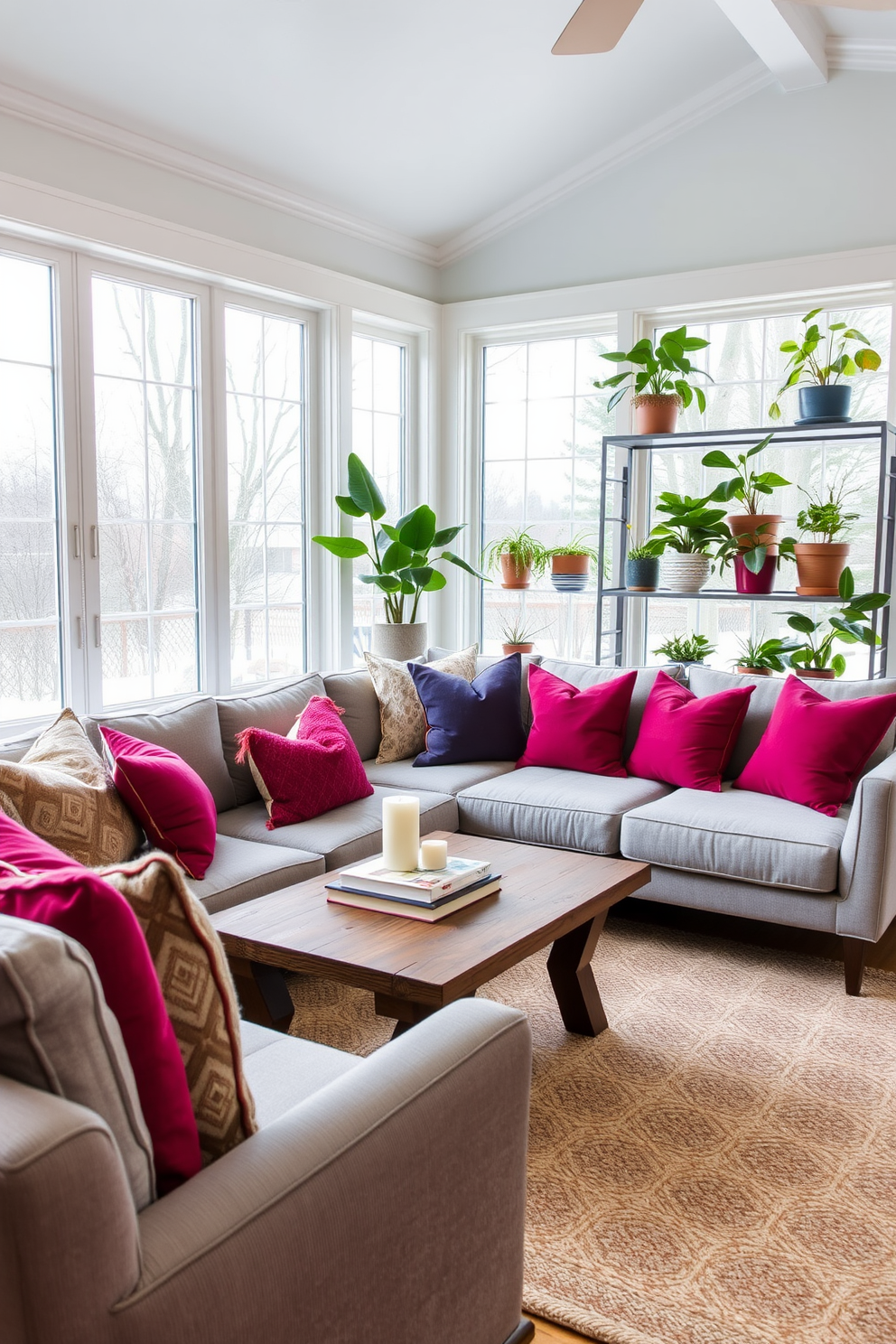 A cozy winter sunroom filled with a blend of contemporary and vintage furniture. A plush sectional sofa in a soft gray fabric is paired with a rustic wooden coffee table adorned with a stack of books and a decorative candle. Bright throw pillows in rich jewel tones add a pop of color to the space. Large windows allow natural light to flood in, highlighting a collection of potted plants placed on a sleek metal shelf.