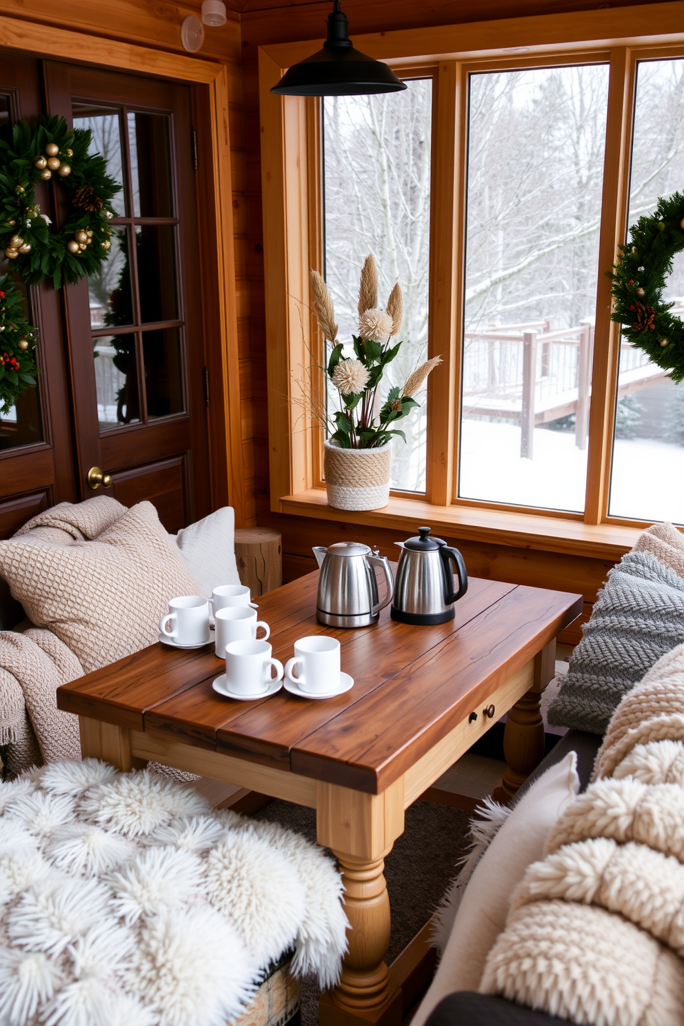 A cozy winter sunroom features a warm beverages station with a rustic wooden table adorned with an array of mugs and a stylish electric kettle. Soft blankets and plush cushions are scattered across a comfortable seating area, inviting relaxation while enjoying hot cocoa or tea.