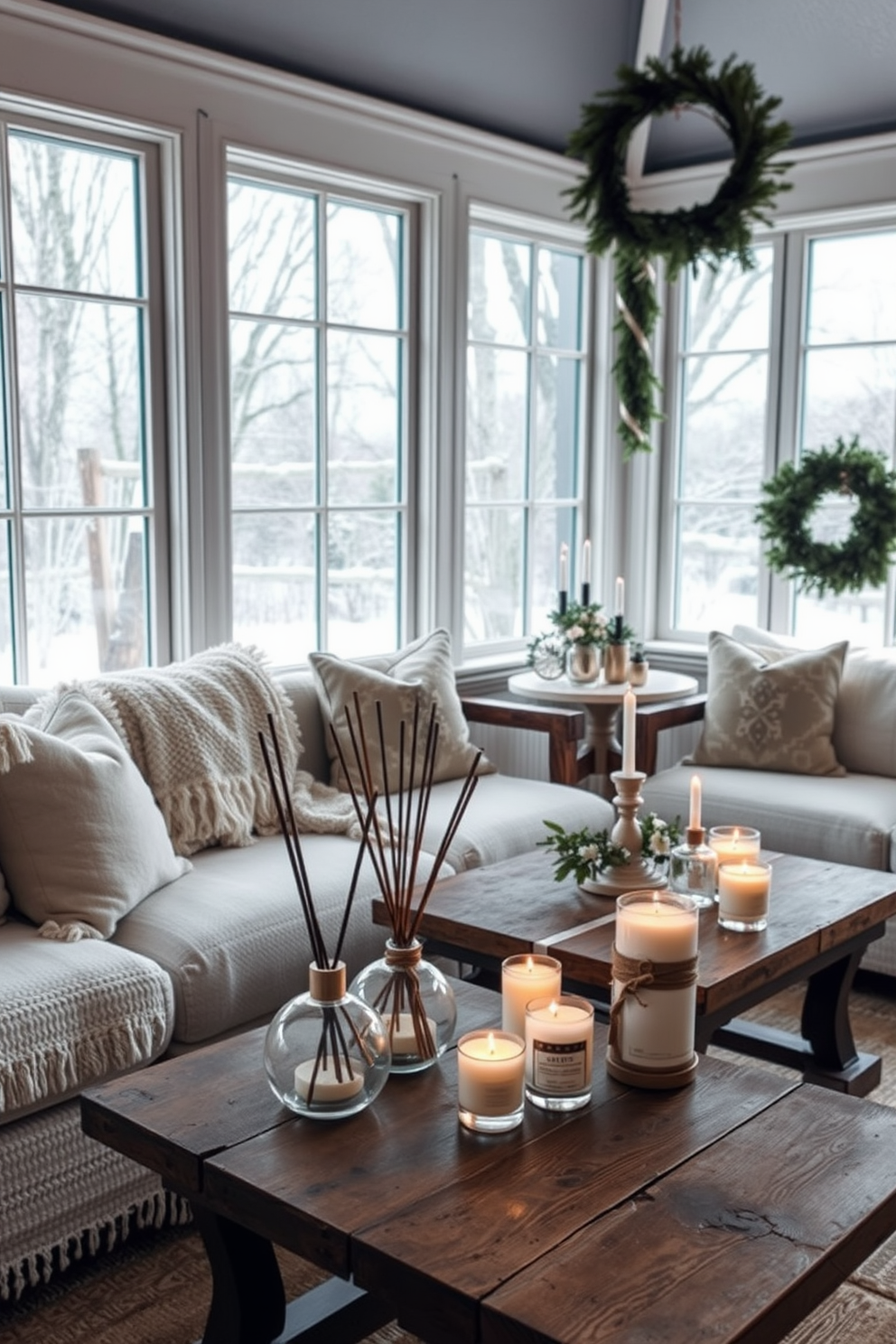 A cozy winter sunroom filled with natural light. Plush seating arrangements are adorned with soft, textured blankets and seasonal pillows, creating an inviting atmosphere. A collection of elegant diffusers and candles are strategically placed on rustic wooden tables. The warm glow of candlelight complements the fresh scents of pine and cinnamon, enhancing the seasonal ambiance.