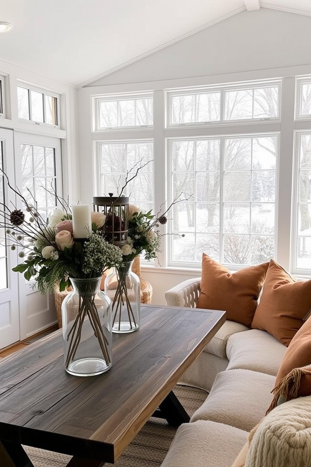 A bright winter sunroom filled with natural light. Glass vases adorned with winter florals are placed on a rustic wooden table, creating a cozy and inviting atmosphere. The walls are painted in a soft white, enhancing the room's warmth. Plush seating with warm-toned cushions invites relaxation while large windows offer a view of the snowy landscape outside.