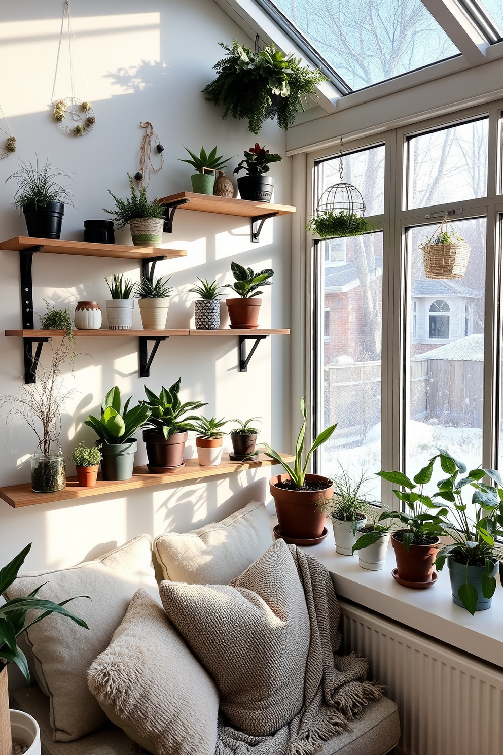 A cozy winter sunroom featuring wall-mounted shelves adorned with an array of potted plants and decorative items. Soft natural light filters through large windows, highlighting a comfortable seating area with plush cushions and a warm throw blanket.