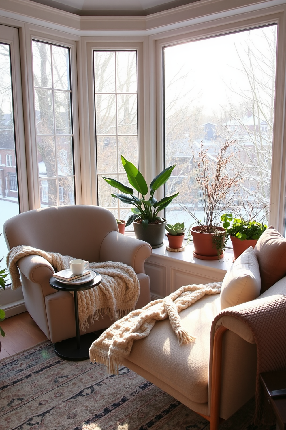 A cozy reading nook with a plush armchair upholstered in soft fabric, positioned next to a large window that lets in warm winter sunlight. A small side table holds a steaming cup of tea and a stack of books, while a thick knitted throw drapes over the armchair for added comfort. The winter sunroom features large glass panels that invite natural light, adorned with potted plants to bring life to the space. A comfortable chaise lounge sits in the corner, surrounded by soft cushions, creating an inviting atmosphere for relaxation and reading.