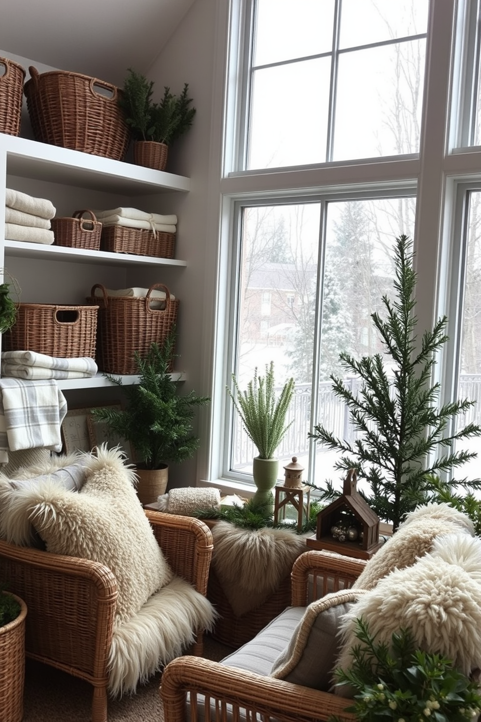 A cozy winter sunroom filled with natural light. Decorative baskets in various sizes are arranged on shelves, providing stylish organization for blankets and seasonal decor. Soft, plush seating is positioned near large windows, inviting relaxation and warmth. A mix of greenery and winter-themed accents enhances the inviting atmosphere of the space.