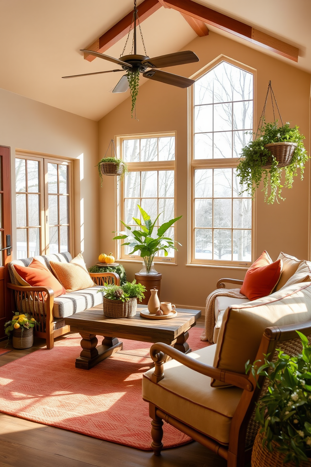 A cozy winter sunroom adorned with a warm earthy color palette. The walls are painted in soft beige, complemented by rich terracotta accents and natural wood furniture. Large windows allow ample sunlight to filter in, creating a bright and inviting atmosphere. Plush seating with earthy-toned cushions is arranged around a rustic coffee table, perfect for enjoying a warm beverage. Greenery in woven baskets and hanging planters adds a touch of nature to the space. A soft area rug in warm tones anchors the seating area, enhancing the overall comfort and warmth of the sunroom.