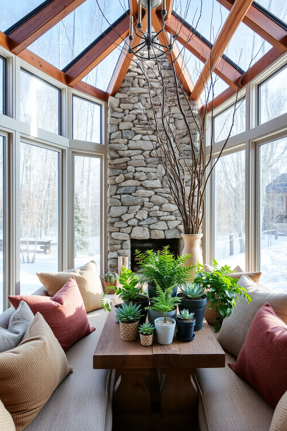 A cozy winter sunroom filled with natural elements. Large windows allow the winter sunlight to flood in, highlighting the stone accent wall and wooden beams overhead. A collection of potted plants, including ferns and succulents, is arranged on a rustic wooden table. Branches in a tall vase add an organic touch, while soft, textured cushions invite relaxation.