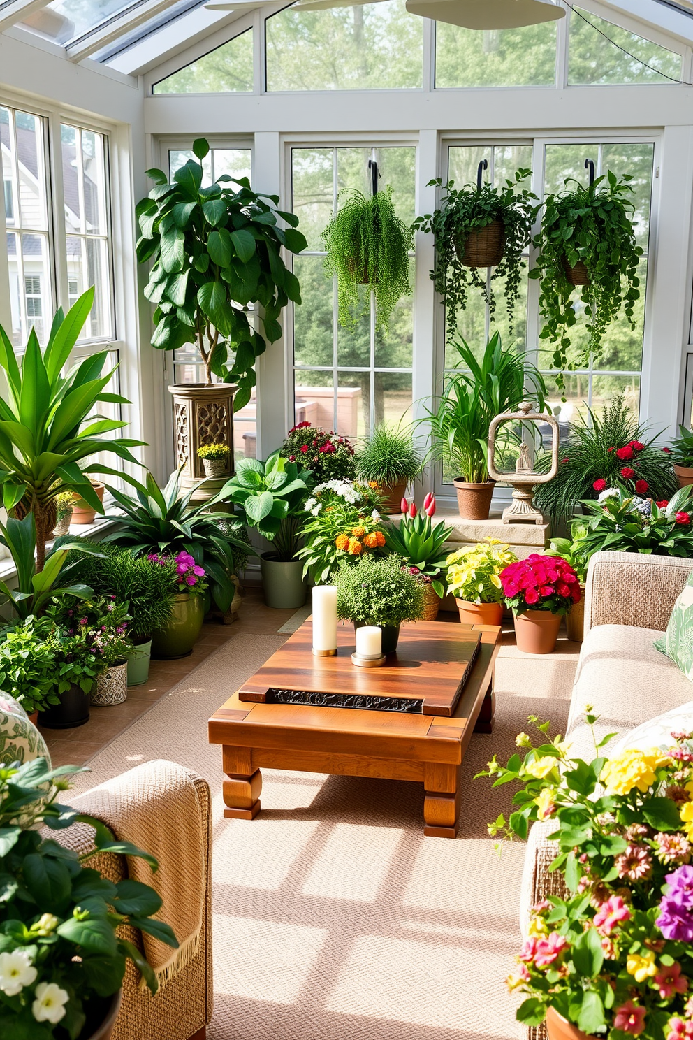 A cozy sunroom filled with seasonal greenery. Lush potted plants and vibrant flowers are arranged around comfortable seating to create a fresh and inviting atmosphere. Soft, natural light filters through large windows, highlighting the beauty of the greenery. A rustic wooden coffee table sits at the center, adorned with a few decorative candles and a warm throw blanket.