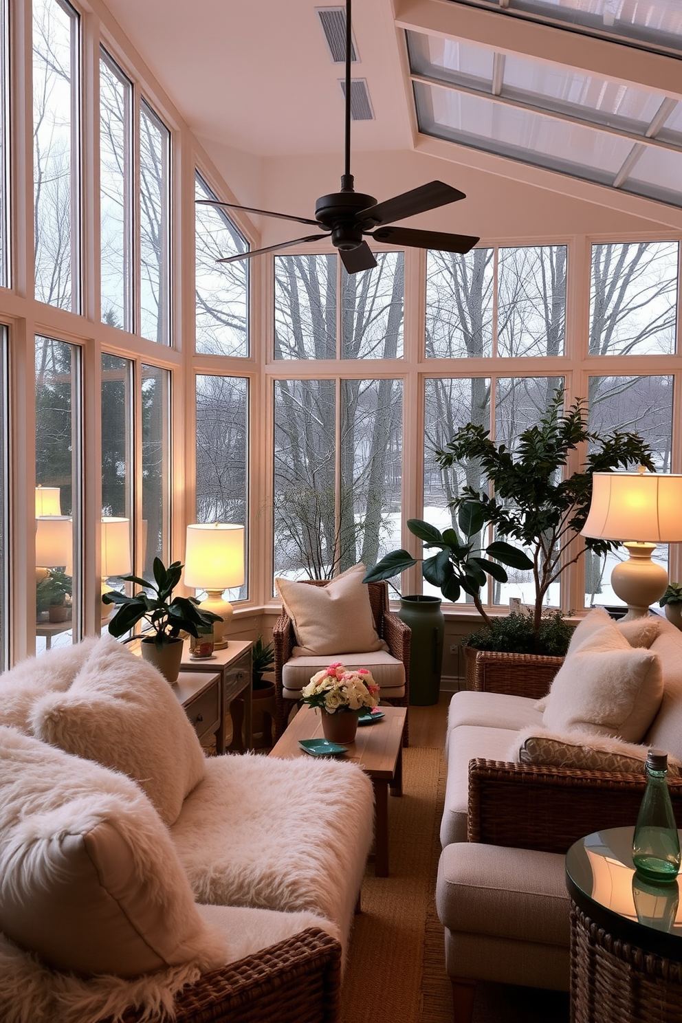 A cozy winter sunroom filled with natural light. Soft ambient lighting from stylish lamps creates a warm and inviting atmosphere. Plush seating arrangements with oversized cushions invite relaxation. Potted plants and decorative elements add a touch of nature to the serene space.