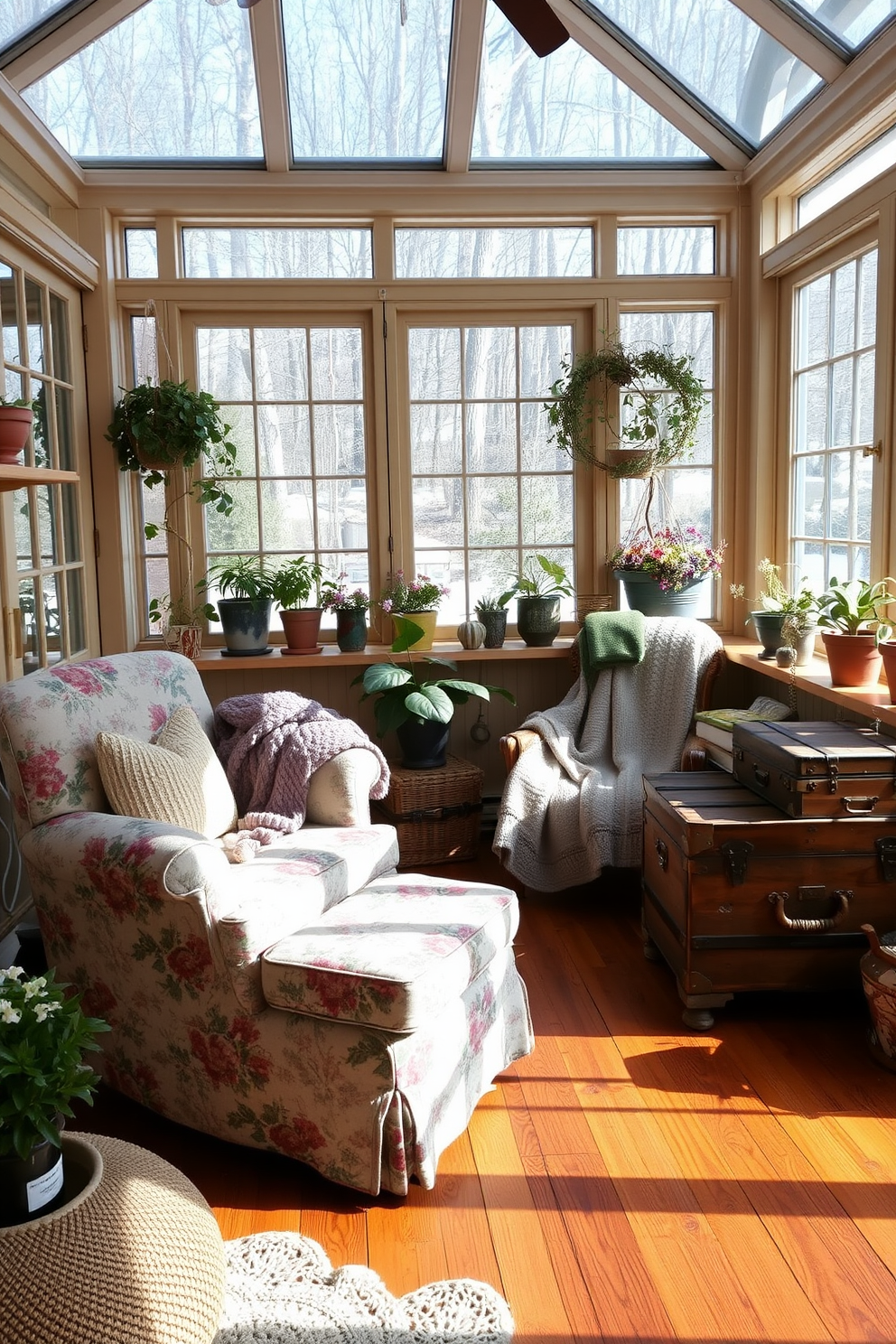 A cozy winter sunroom filled with vintage furniture that adds a charming touch. A plush, faded floral armchair sits beside a rustic wooden coffee table, while a vintage trunk serves as a unique side table. Large windows allow natural light to flood the space, highlighting the warm tones of the wooden floor. Soft, knitted throws drape over the armchair, and potted plants bring life to the corners of the room.