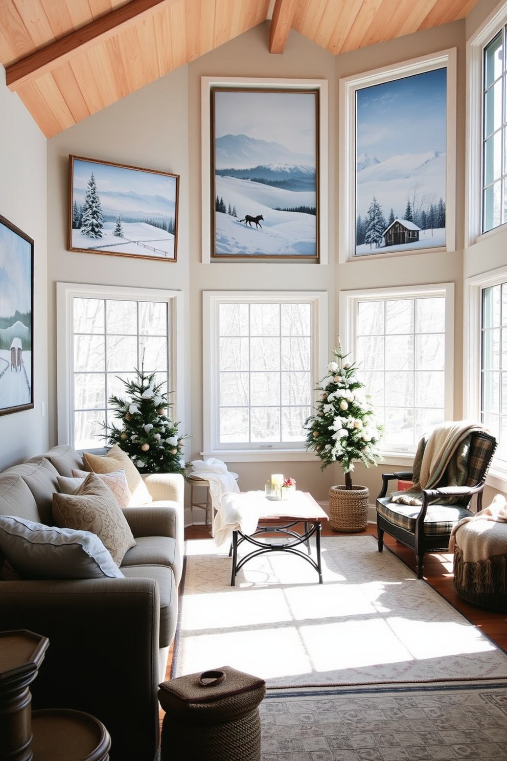 Winter themed artwork adorns the walls featuring serene snowy landscapes and cozy cabin scenes. The color palette includes soft blues and whites to evoke a calm and inviting atmosphere. The sunroom is decorated with plush seating in warm tones and layered textiles for comfort. Large windows allow natural light to flood the space, creating a bright and cheerful winter retreat.