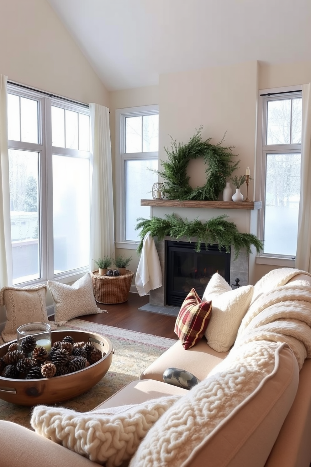 A cozy winter-themed living room featuring frosted window film that creates a soft, diffused light effect. The windows are adorned with sheer white curtains, and a plush, oversized sofa is complemented by knitted throw blankets and seasonal pillows. The room is decorated with a mix of natural elements, including pinecones and evergreen branches arranged in a rustic wooden bowl. A warm, inviting fireplace serves as the focal point, surrounded by a stylish mantel decorated with winter-themed accents.