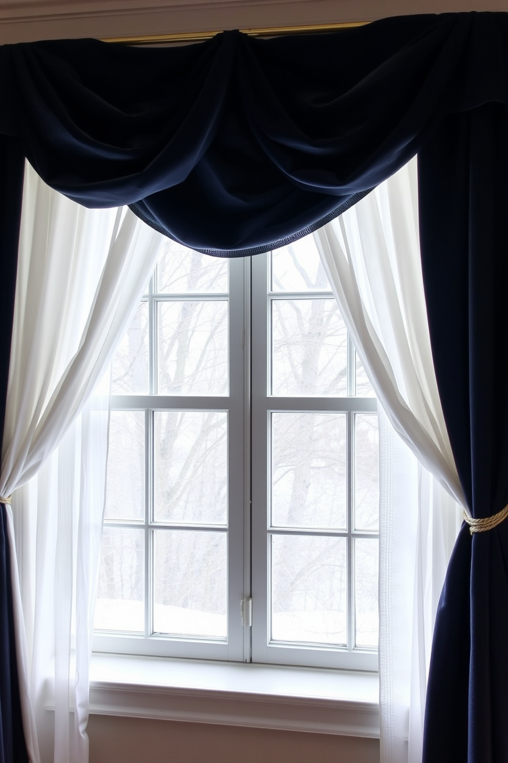 A cozy winter window setting adorned with layered curtains in rich fabrics. The inner layer features a soft white sheer that gently filters light, while the outer layer showcases a deep navy velvet that adds elegance and warmth.