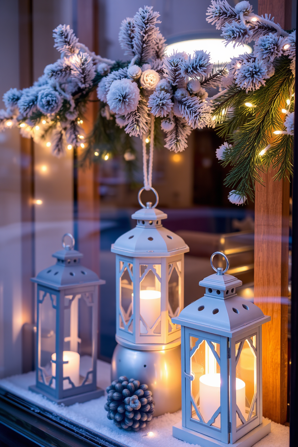 A cozy winter window display features decorative lanterns that cast a warm glow, creating an inviting atmosphere. The window is adorned with frosted pine branches and twinkling fairy lights, enhancing the seasonal charm.