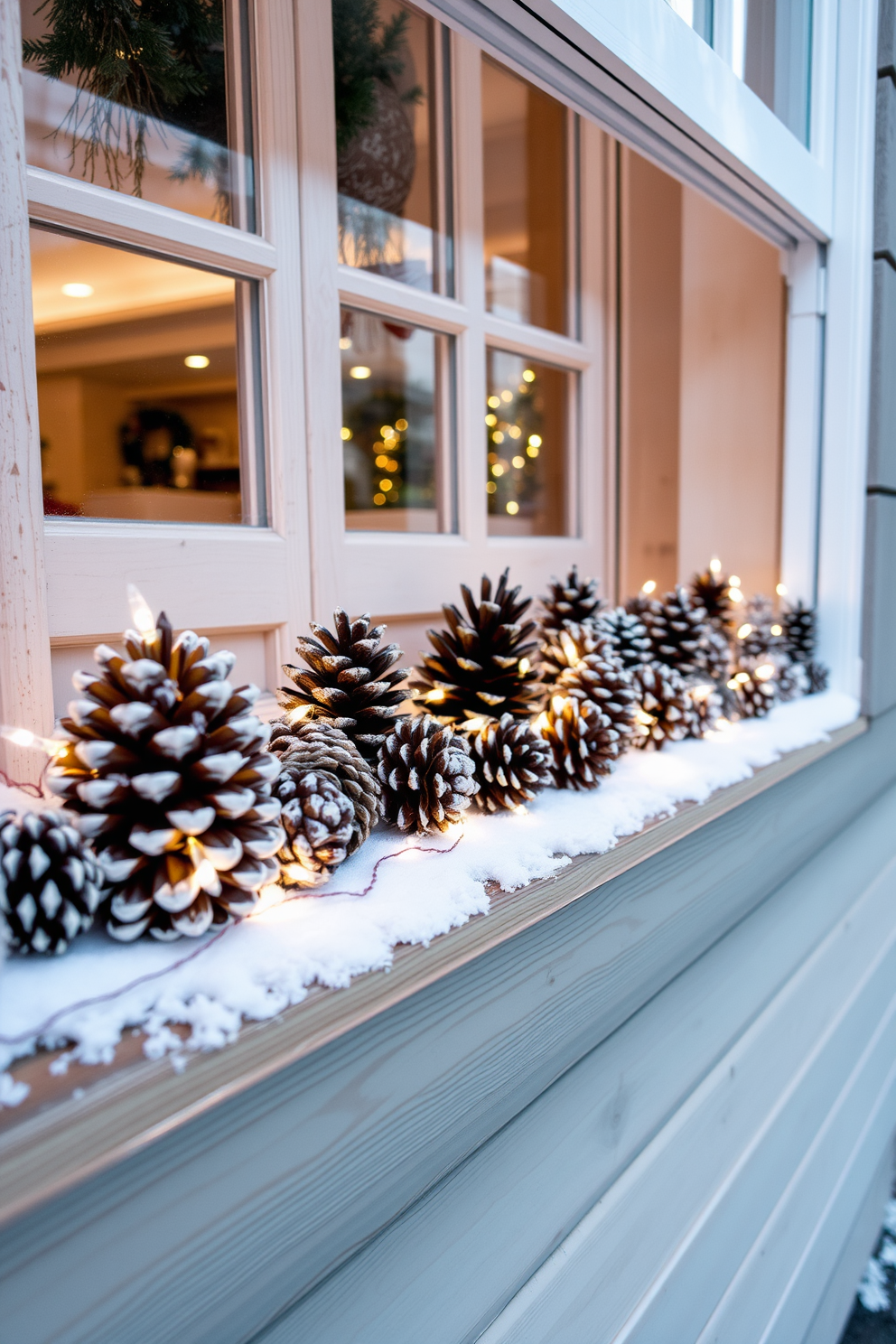 A cozy winter window display featuring a collection of pinecones arranged artfully on a wooden ledge. Soft white fairy lights twinkle around the pinecones, creating a warm and inviting atmosphere.