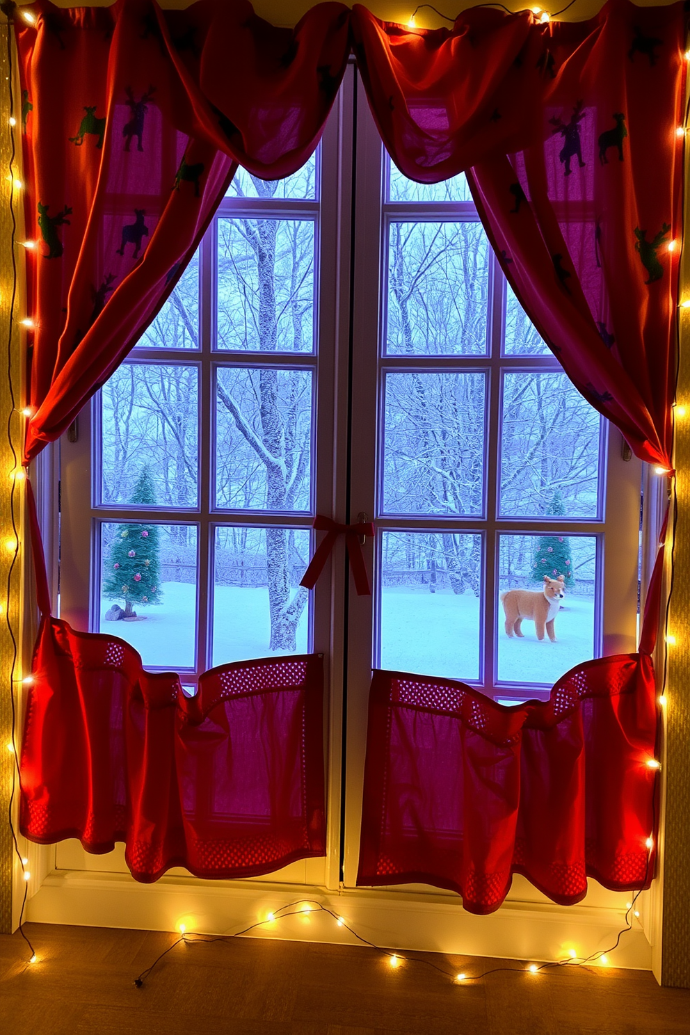 A cozy winter window adorned with holiday-themed fabric curtains in rich reds and greens. Soft white fairy lights twinkle along the edges, creating a warm and inviting atmosphere.