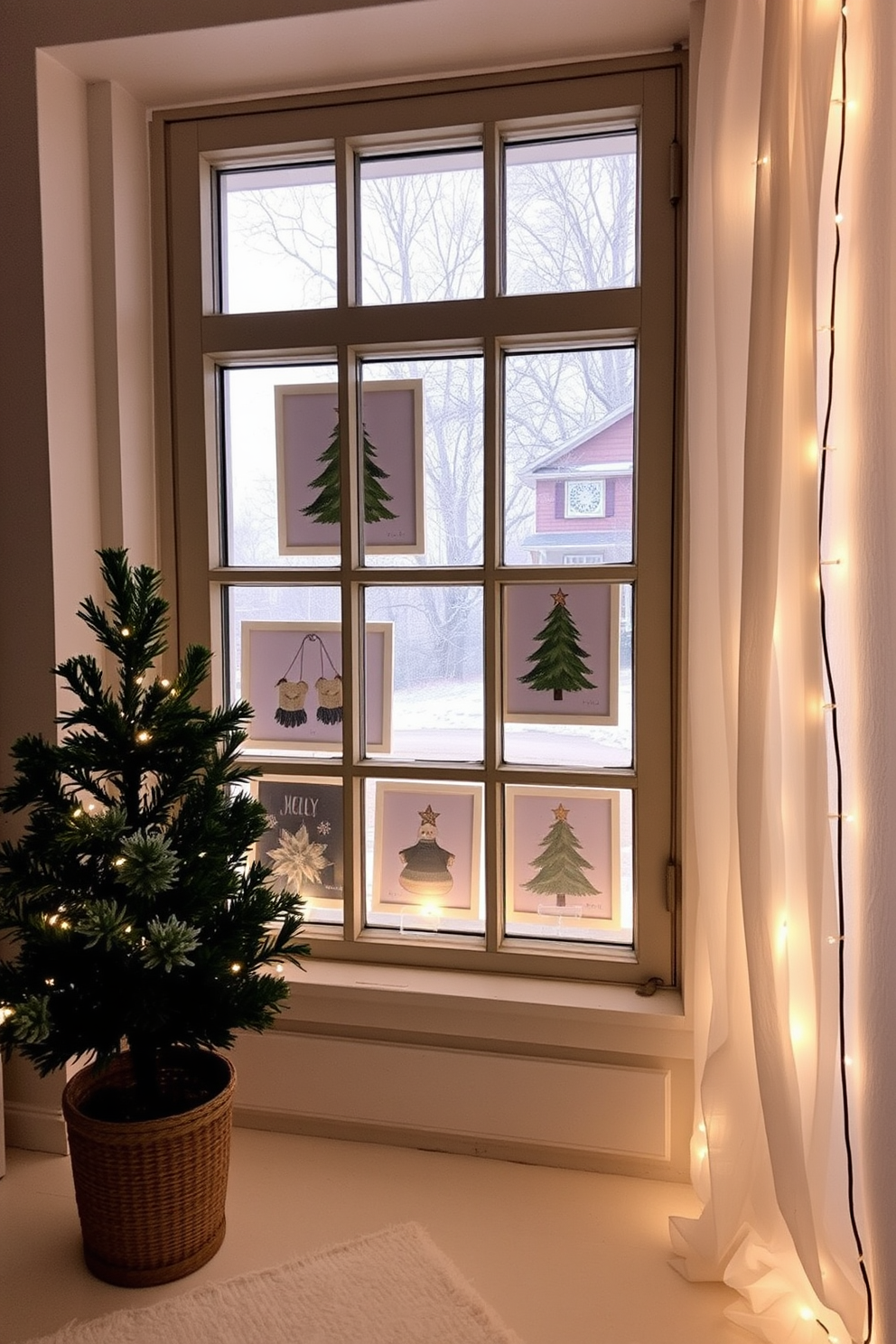 Display seasonal artwork in window frames. Create a cozy winter atmosphere with soft white curtains and twinkling fairy lights.