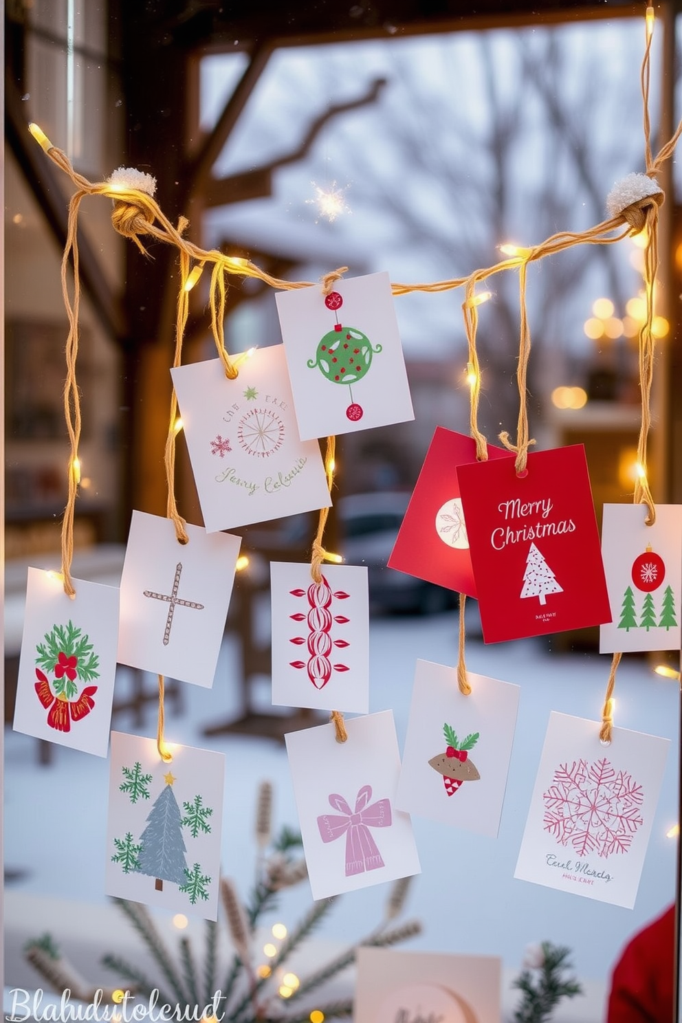 Create a cozy winter window display featuring an assortment of holiday cards hanging gracefully from twine. The cards are adorned with festive designs and colors, complemented by soft fairy lights that add a warm glow to the scene.