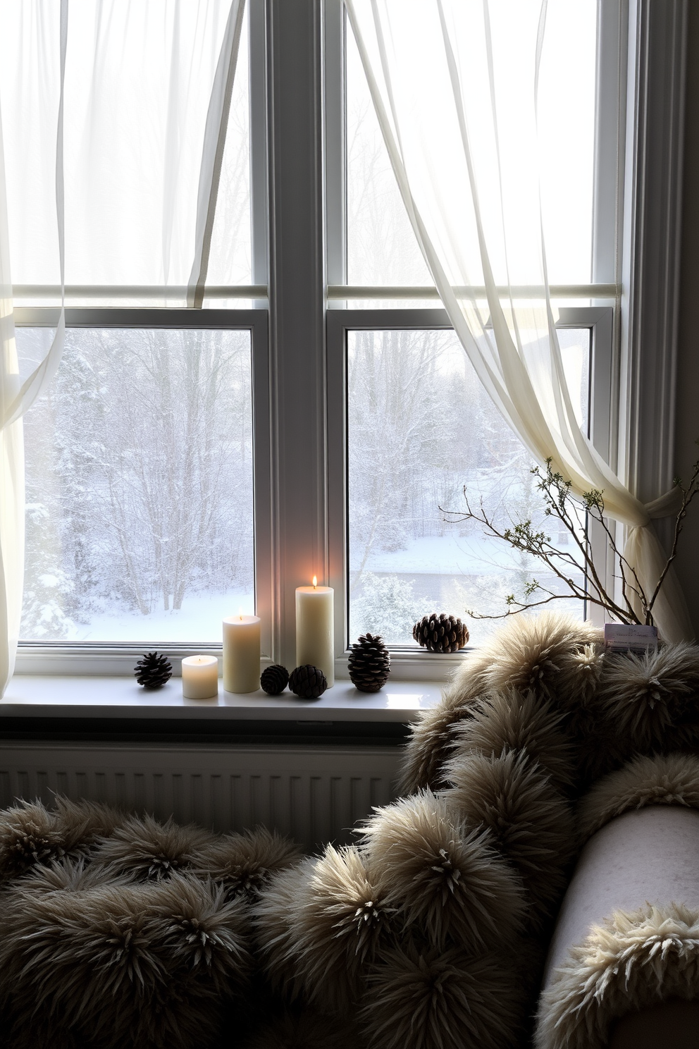 A cozy winter living room featuring a large window adorned with sheer white curtains that gently filter the sunlight. On the windowsill, a collection of decorative candles and pinecones adds a festive touch while faux fur throws drape over the plush sofa, inviting warmth and comfort.