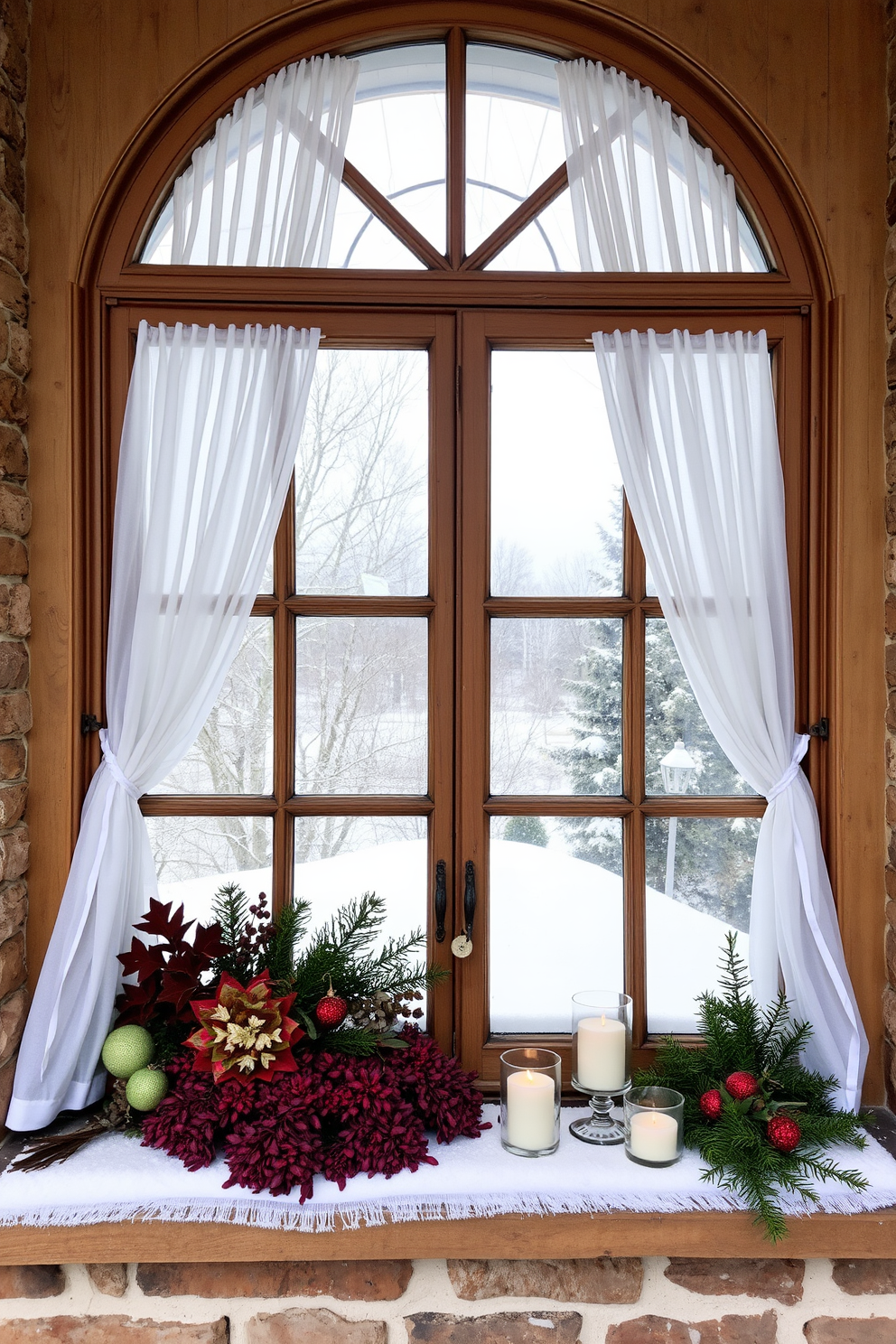 A cozy winter window display featuring a large wooden window frame adorned with delicate white curtains. On the windowsill, a collection of seasonal potpourri in shades of deep red and evergreen is artfully arranged alongside a few flickering candles in glass holders.