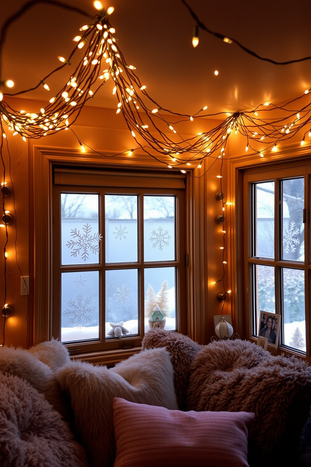 A cozy indoor space adorned with twinkling fairy lights that create a warm and inviting atmosphere. The lights are draped across the ceiling and along the walls, casting a soft glow throughout the room. The winter window displays feature delicate snowflake decorations and frosted glass accents. Plush cushions and throws in soft, muted colors are placed near the window, enhancing the seasonal charm.