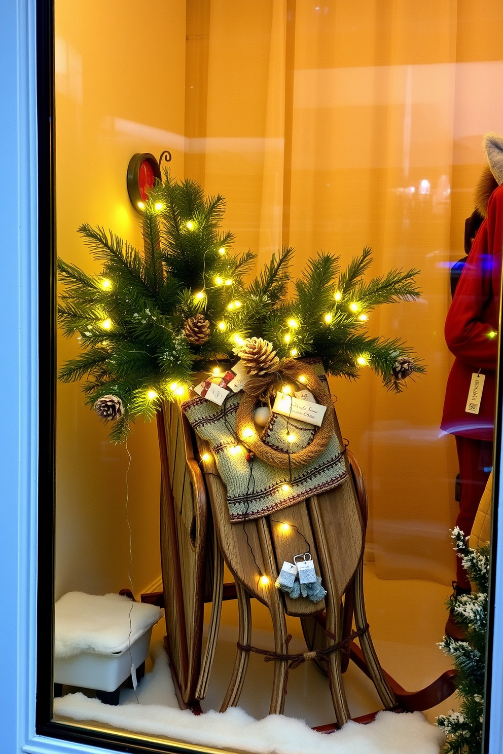 A cozy winter window display featuring a vintage sled as the focal point. The sled is adorned with evergreen branches and twinkling fairy lights, creating a warm and inviting atmosphere.