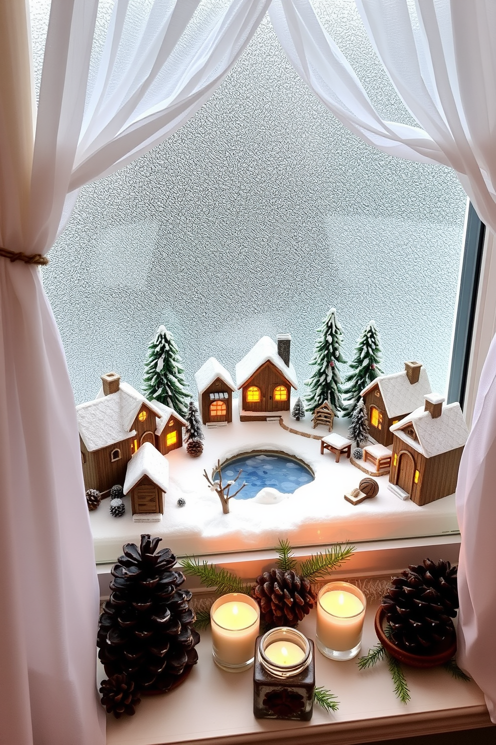 Create a charming mini winter village display featuring quaint snow-covered cottages with warm glowing lights. Add miniature trees dusted with snow and a small frozen pond in the center, enhancing the cozy winter atmosphere. For winter window decorating ideas, imagine elegant white sheer curtains framing a frosted window. Adorn the sill with a collection of pinecones, candles, and small evergreen branches to bring a touch of nature indoors.