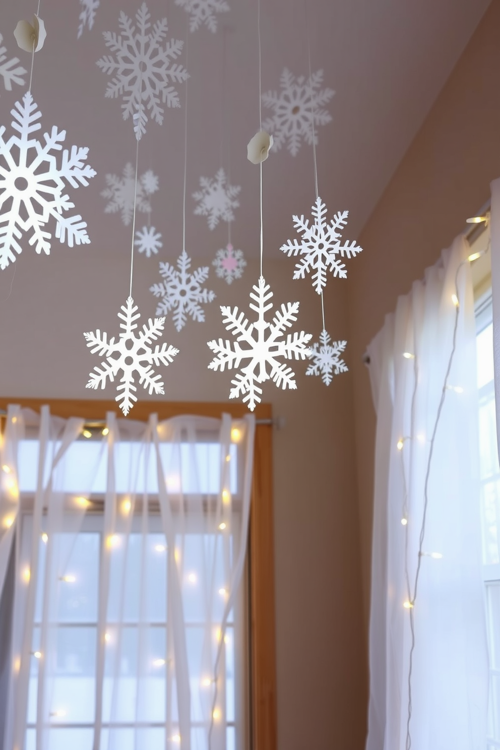 Create a cozy winter wonderland atmosphere by hanging delicate snowflake cutouts from the ceiling. These paper snowflakes should vary in size and design to create visual interest and capture the essence of a snowy landscape. Adorn the windows with sheer white curtains that gently filter the light, adding an ethereal glow to the space. Complement the curtains with twinkling fairy lights to enhance the winter theme and create a warm, inviting ambiance.