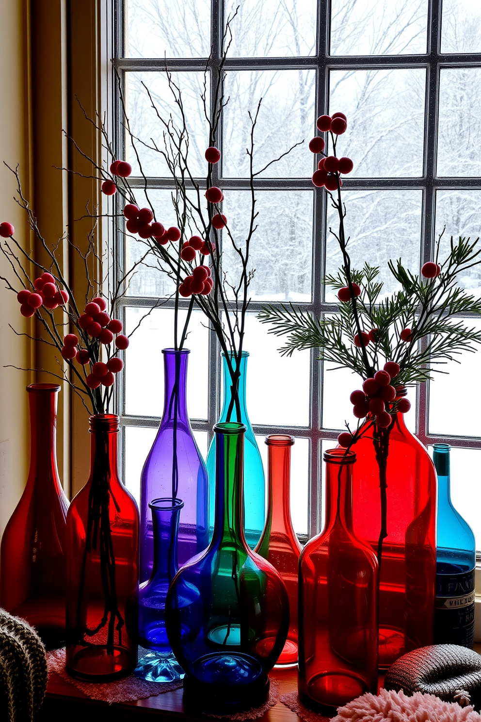 A cozy winter window display featuring an array of colored glass vases in various shapes and sizes. The vases are filled with seasonal greenery and bright red berries, creating a vibrant contrast against the snowy backdrop outside.