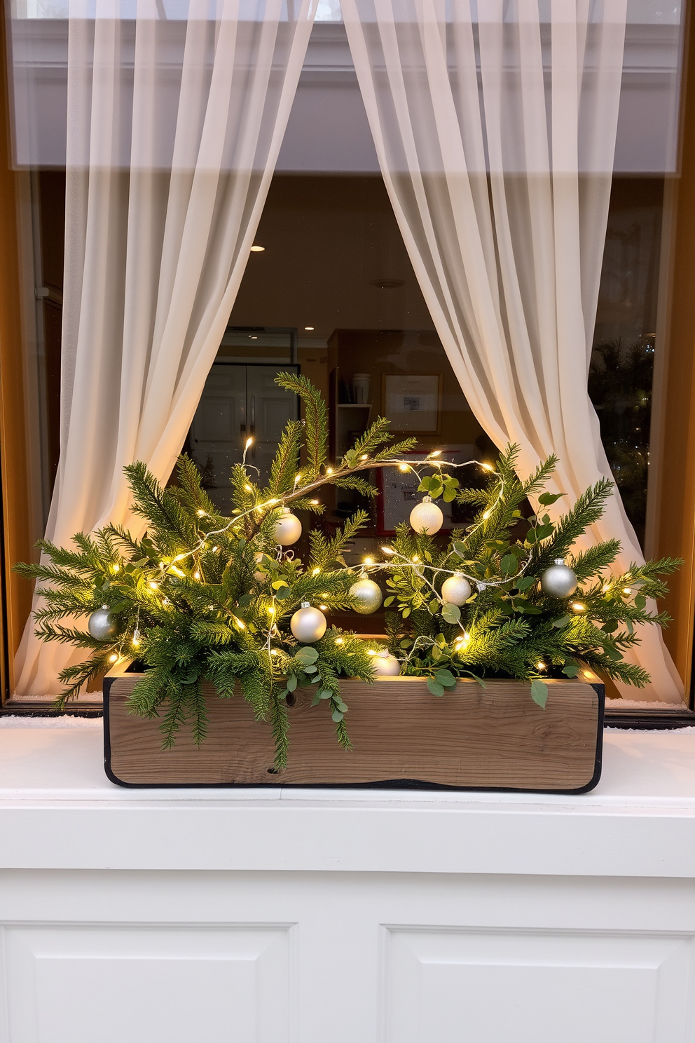 A cozy winter window display featuring a large frosted glass window adorned with sheer white curtains. Fresh greenery such as pine branches and eucalyptus are artfully arranged in a rustic wooden planter on the windowsill. Twinkling fairy lights are woven through the greenery to create a warm and inviting glow. A few decorative ornaments in soft pastel colors are scattered among the leaves for a touch of elegance.