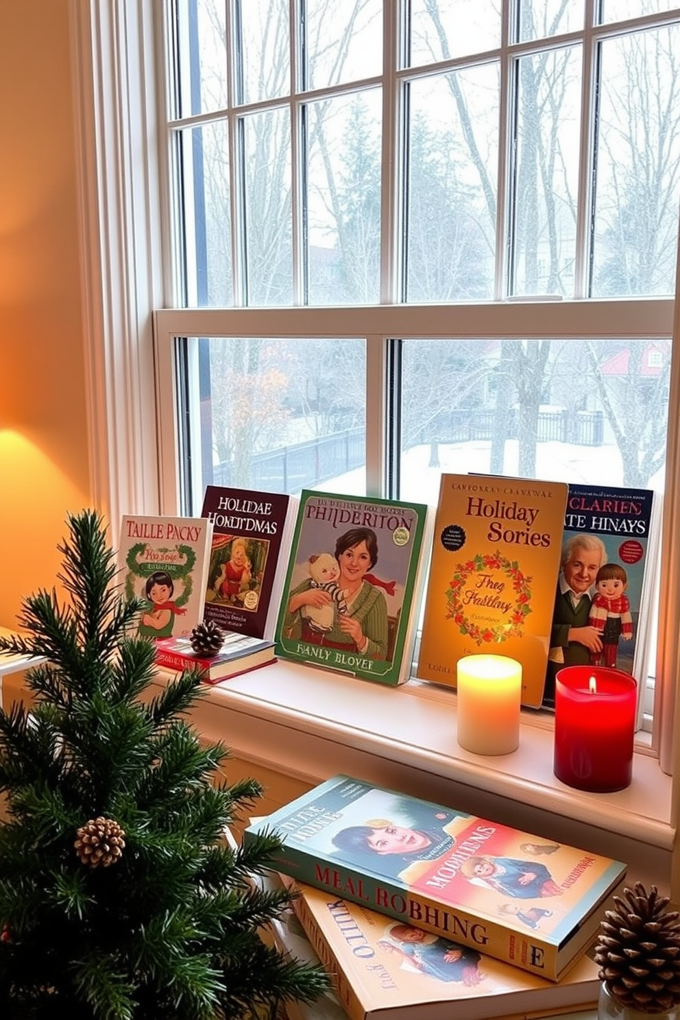 Display festive books in window sills. Arrange a mix of classic holiday stories and colorful coffee table books for a cheerful touch. Add decorative elements like pinecones and candles to enhance the winter theme. Use soft, warm lighting to create a cozy atmosphere that invites relaxation.