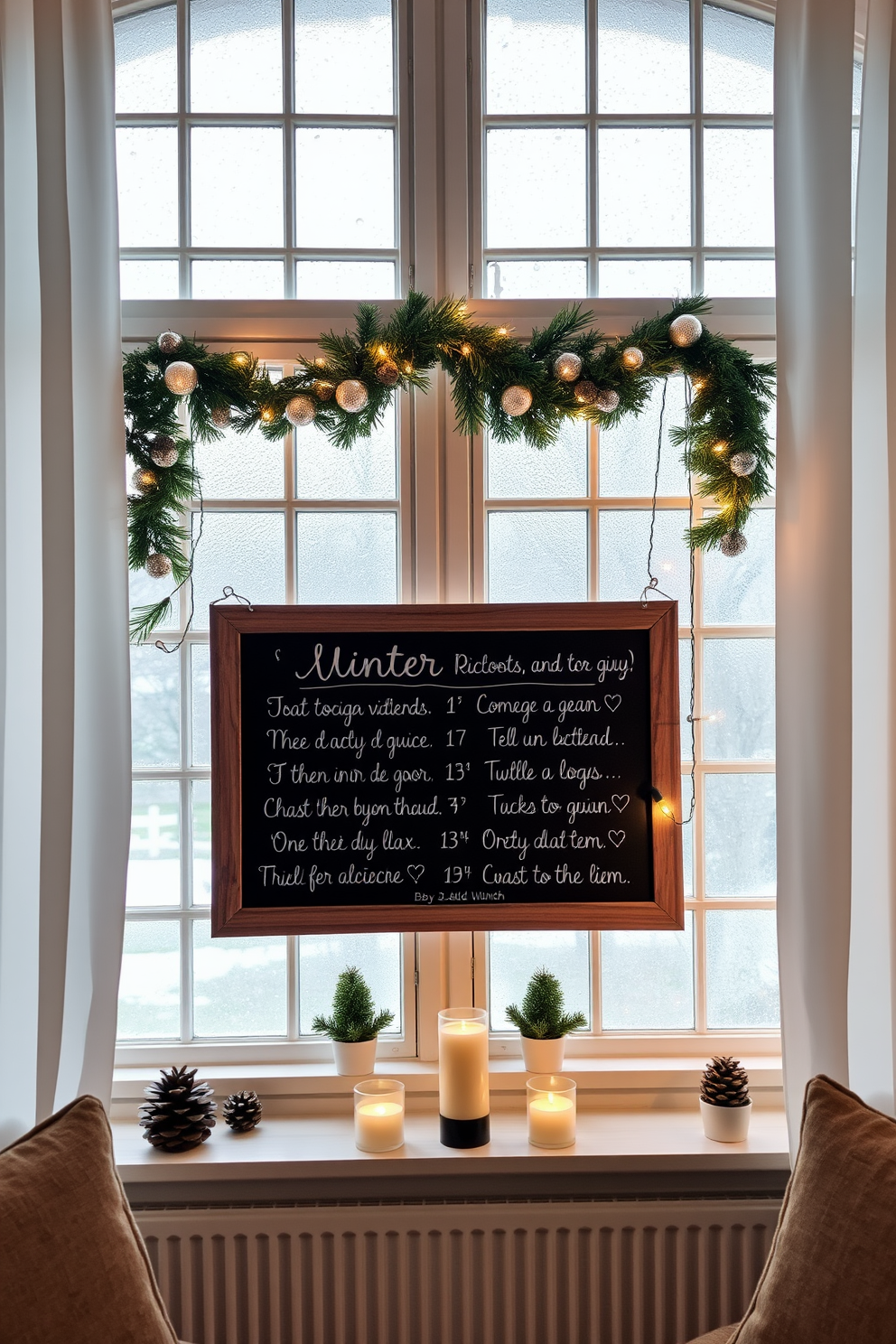 A large chalkboard is mounted on a rustic wooden frame, elegantly displayed in the center of a cozy living room. The board is filled with hand-written winter messages, surrounded by festive decorations like pinecones and twinkling fairy lights. Frosted window panes create a charming backdrop, adorned with sheer white curtains that gently billow with the breeze. On the window sill, small potted evergreen plants and candles add warmth and a touch of holiday spirit to the seasonal decor.